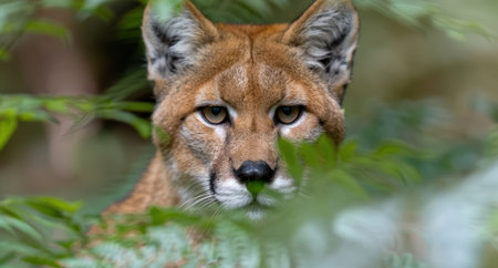 close up of a curious cougar in the forestの素材