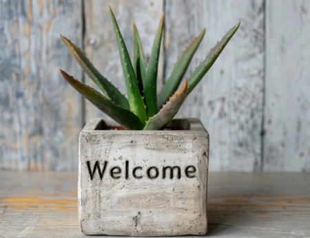 Welcoming succulent plant in concrete planterの素材