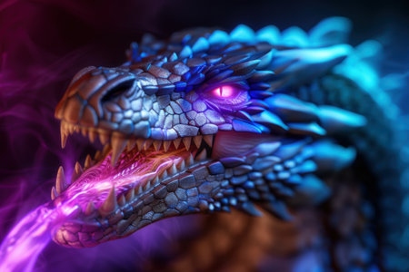 Fierce dragon with glowing eyes and scalesの素材