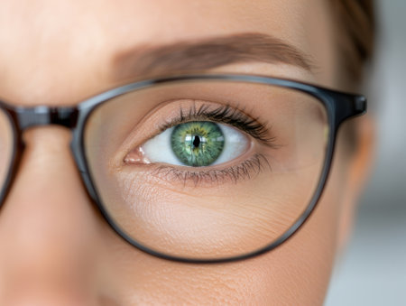 close-up of a green eye behind eyeglassesの素材
