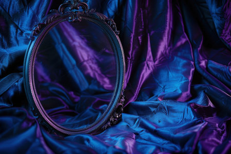 Ornate mirror reflecting vibrant velvet curtainsの素材