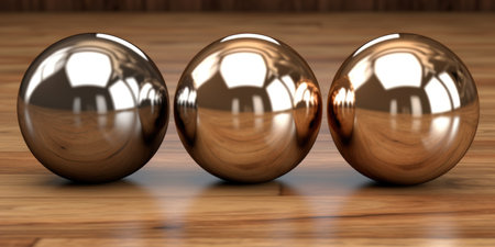 Shiny metallic spheres on wooden surfaceの素材