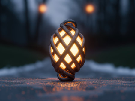 Glowing woven lantern on snowy groundの素材