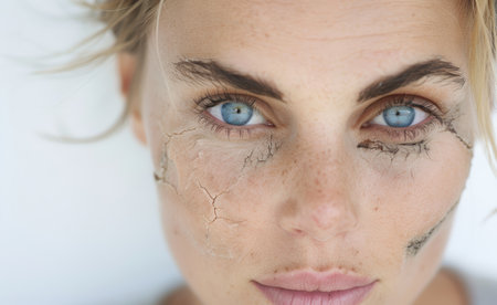 close-up portrait of a woman with cracked skinの素材