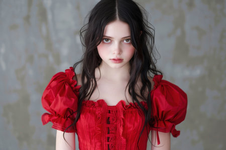 young woman in red dress with dark hairの素材