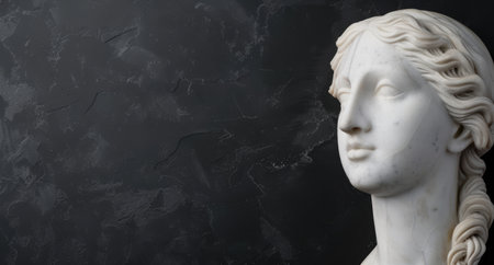 Serene marble statue against dark backgroundの素材