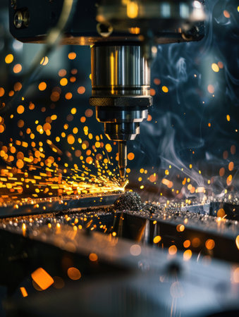 Sparks fly from industrial metal cutting machineの素材