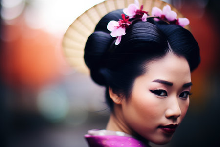 beautiful asian woman with traditional hairstyle and flowersの素材