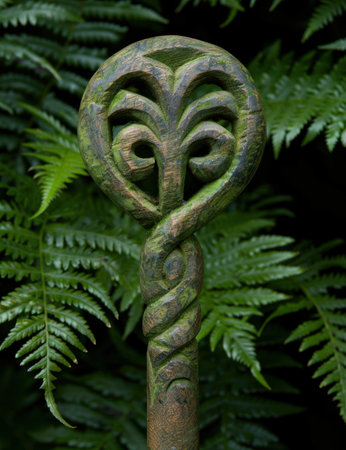Carved wooden totem in lush tropical foliageの素材