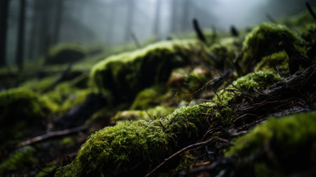 Lush green moss-covered forest floorの素材