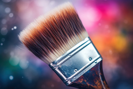 Close-up of a makeup brush with colorful backgroundの素材