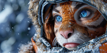 close up of a person's face in winter gearの素材