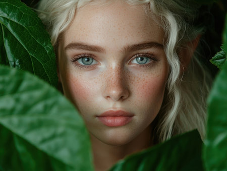Freckled woman with blonde hair and blue eyes surrounded by green leavesの素材