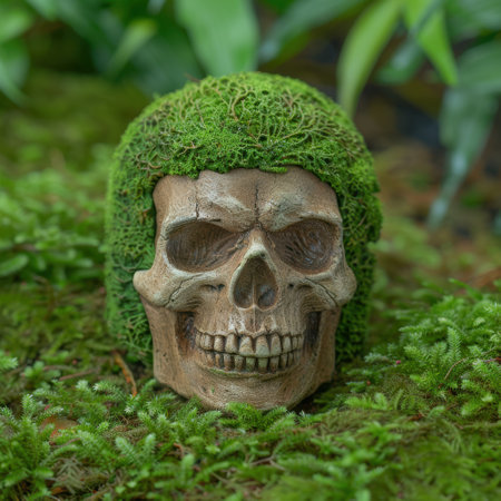 Moss-covered skull in the forestの素材