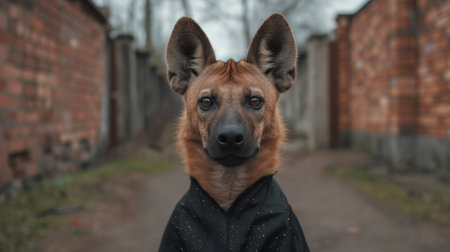 Curious dog wearing a black coatの素材