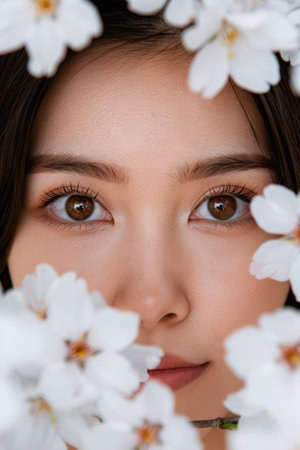 Thoughtful woman surrounded by white flowersの素材
