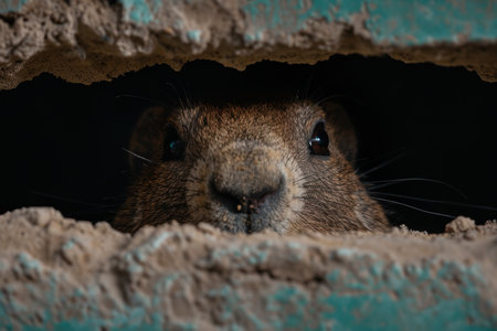 close-up of a curious rodent peeking out from a burrowの素材