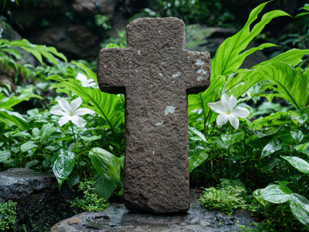 stone cross in lush green gardenの素材