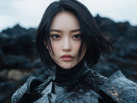 Mysterious woman in dark outfit against moody mountain landscapeの素材