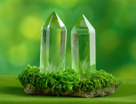 Transparent green crystal quartz on mossの素材