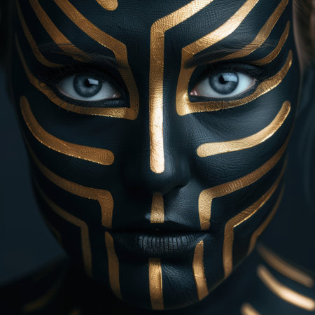 Dramatic face with golden tribal makeupの素材