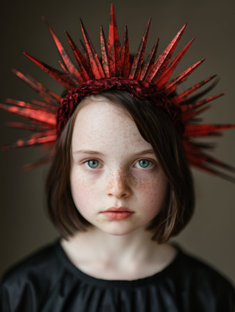 young girl with red crown headpieceの素材