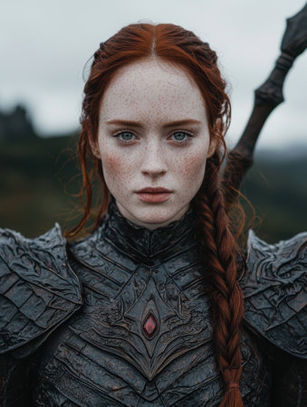 Mysterious warrior woman with fiery red hair and piercing blue eyesの素材