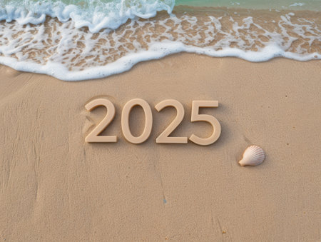 new year 2025 on sandy beachの素材