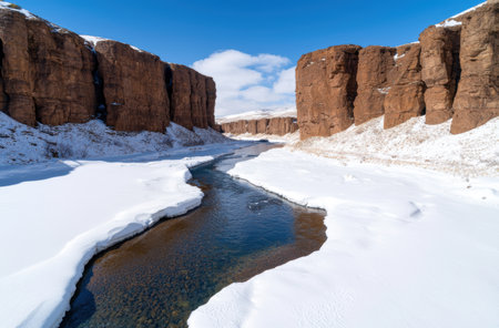 Frozen river flowing through snow-capped canyonの素材