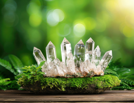 Sparkling crystal quartz cluster on moss-covered logの素材