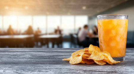 Refreshing orange juice and potato chips in a cafe settingの素材