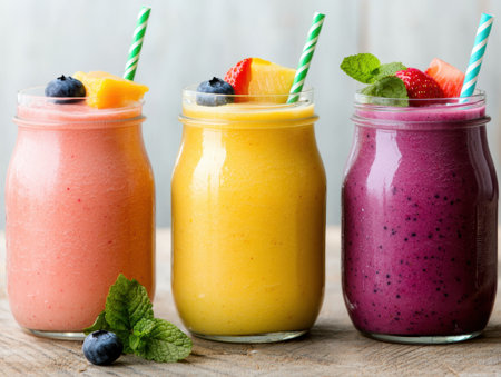 Colorful fruit smoothies in glass jarsの素材