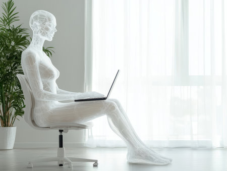 transparent human figure sitting at laptop computerの素材