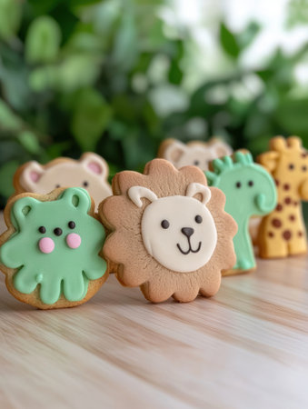 Colorful animal-shaped cookies on a wooden surfaceの素材