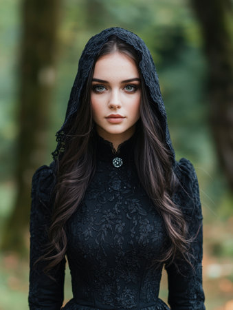 mysterious woman in black hooded dress in forestの素材