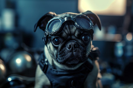 Cute pug dog wearing gogglesの素材