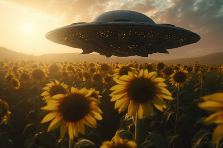 Mysterious UFO hovering over sunflower field at sunsetの素材
