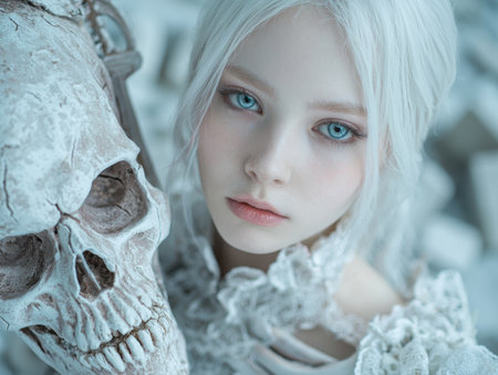Haunting beauty of a mysterious woman with piercing blue eyesの素材