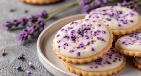 Delicious homemade lavender shortbread cookies on a plateの素材
