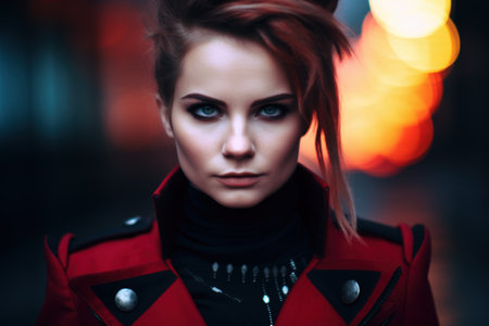 Intense woman in red jacket with dramatic lightingの素材