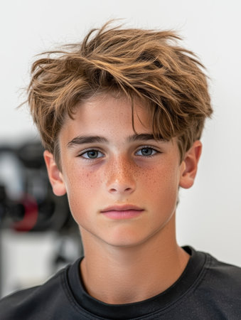 young man with tousled hair and frecklesの素材