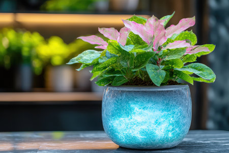 Colorful houseplant in a blue glass planterの素材