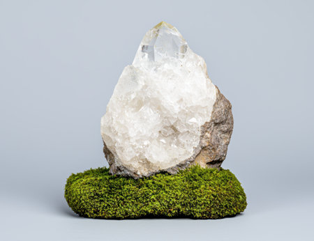 Large quartz crystal on moss-covered rockの素材