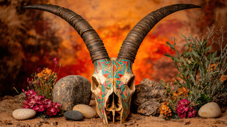 Colorful Tribal Skull Decoration in Autumn Landscapeの素材