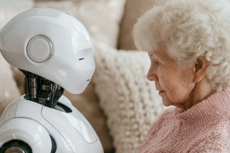 elderly woman interacting with robotの素材