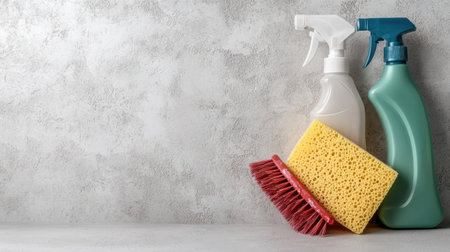 Cleaning supplies and tools on concrete backgroundの素材