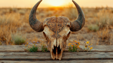 Ornate animal skull on wooden platform with flowersの素材