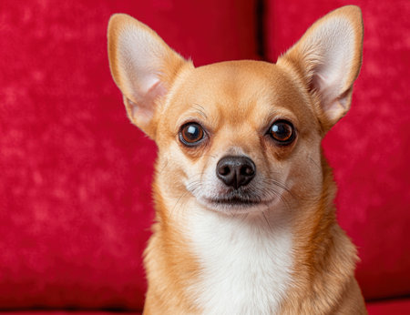Cute chihuahua dog with big eyes on red backgroundの素材
