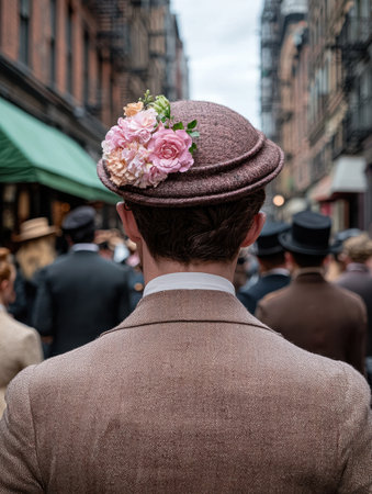 Elegant man wearing a floral hat in a city streetの素材