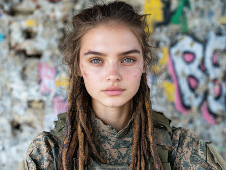 young woman in military uniform with dreadlocksの素材
